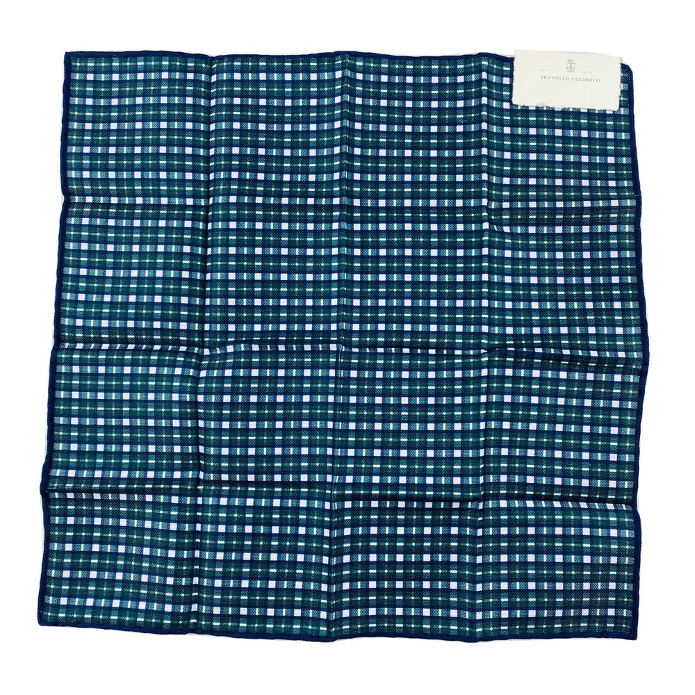 Brunello Cucinelli Blue Green Checked Cotton Mens Pocket Square NWT